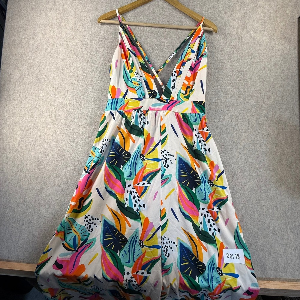 Tropical Leaf Print V-Neck Maxi Dress Multi-Color Cross Back Summer Vacation